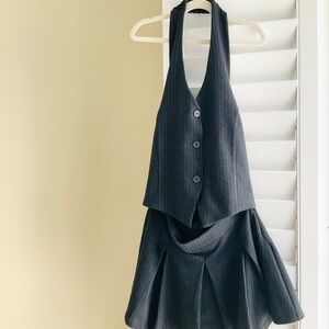 Zara Charcoal Halter Vested Mini Pleated Dress with Open Mid-section